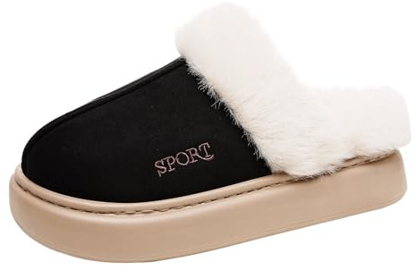 Hausschuhe Damen Plüsch Winter - Slipper Damen Schwarz 38 Winterschuhe Draussen Schlappen Cotton Pantoffeln Bettschuhe Warm Pantoletten Fuzzy Hüttenschuhe Weiche Slippers Kunstpelz Filzpantoffeln