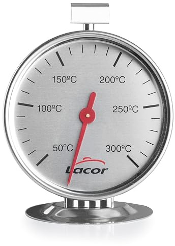 Lacor - 62240 - Termómetro Inox para Horno Sphera, con Gancho y Pie de Apoyo, Rango 50 °C-300 °C, Lectura Clara y Precisa, Ideal para Medir la Temperatura Interior Durante la Cocción