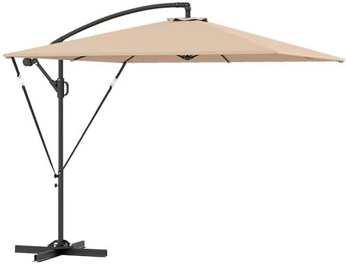Outsunny Ombrellone Decentrato 2.5x2.5 m con Copertura, Corde Antivento, Base a Croce e Manovella, Ombrellone da Giardino Inclinabile e Girevole a 360° in Metallo e Poliestere 180 g/㎡, UV50+, Cachi