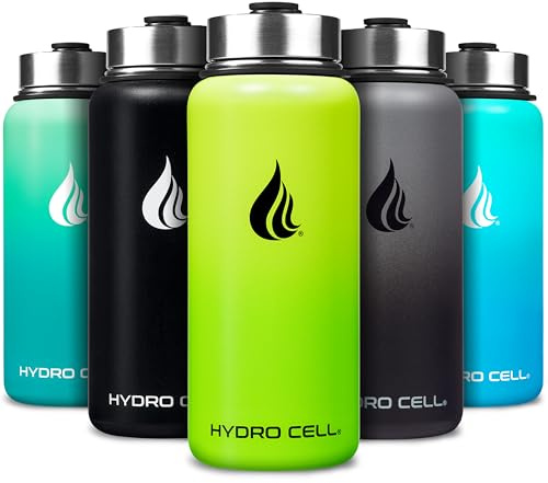 HYDRO CELL Stainless Steel Water Bottle w/Straw & Wide Mouth Lids (40oz 32oz 24oz 18oz) - Keeps Liquids Hot or Cold with Double Wall Vacuum Insulated Sweat Proof Sport Design (Neon/Neon 32 oz)