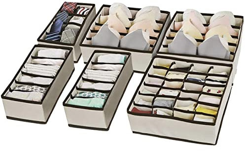 Evance 6 Stück Büstenhalter Aufbewahrungsboxen, Faltbare Schubladen Organizer zum Aufbewahren, Kleiderschrankschubladen Divider für Unterwäsche und Socken (Beige)