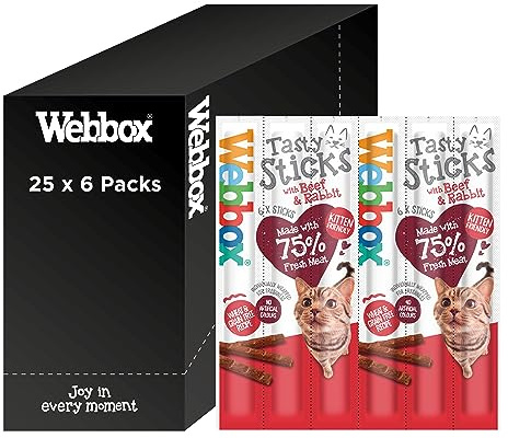 Webbox Tasty Sticks Cat Treats, Beef and Rabbit - Kitten Friendly, Wheat and Grain Free, No Artificial Colours (25 x 6 Packs)