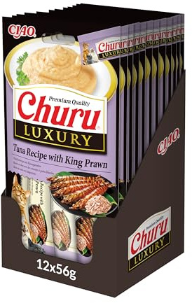 Ciao Churu Luxury Sticks by INABA Cat Treat - Tuna with King Prawn Recipe (4 x 14g) / Soft & Creamy Luxury Cat Treat, Delicious & Healthy Snack, Purée Food Topper, Pill Assist, Natural, Grain Free