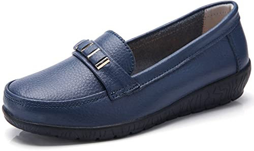 JeathFea Mocasines CláSicos De Cuero para Mujer Mocasines Casuales Antideslizantes Pisos Zapatillas De Oficina Zapatos para Mujer Antideslizantes para Caminar, Azul Marino, 40.5 EU