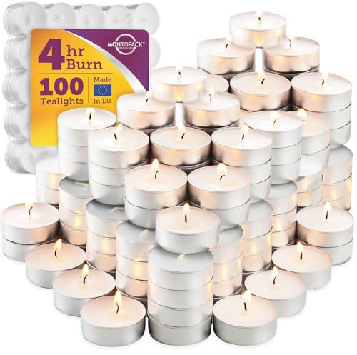 MontoPack Unscented Tea Light Candles 100 Pack | 4 hours, White, Smokeless, Dripless Small Votive Paraffin Tealights | Long-Lasting for Home, Shabbat, Weddings, Events, Emergencies | Mini Candles Bulk