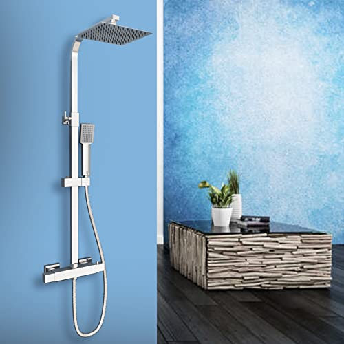 Columna de Ducha Termostática, Ducha Casa, Cuadrada Plata Alcachofa de Ducha, Barra y Manguera de Acero Inoxidable, Ducha de Baño Lluvia