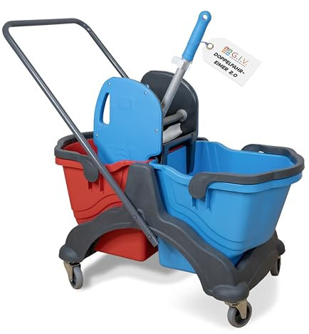 G.I.V. - Reinigungstechnik Putzwagen mit Wischmopp Presse - Doppelfahreimer mit 2X 18L Eimern rot/blau für Gebäudereinigung - Putzeimer - Reinigungswagen für Industrie Gewerbe & Haushalt