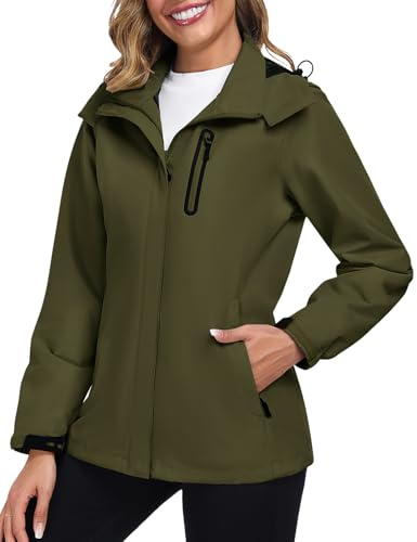UMIPUBO Donna Giacca Impermeabile Antipioggia Softshell Giubbino Antivento Sportiva Traspirante Leggero Trekking Cappuccio Autunnale Trench Giacchetto(Verde militare,L)