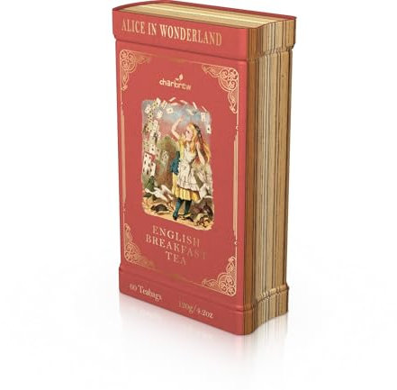 Charbrew Alice In Wonderland English Breakfast Metal Tea Book Library Tin Book Lover Gift – 60 Teabags Black Tea Blend