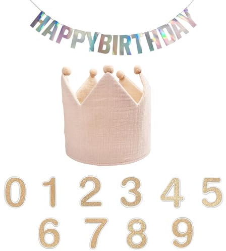 Corona de Cumpleaños, fieltro y tela ajustable para niñas y niños de 0 a 9 años