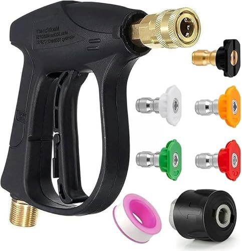 High Pressure Washer Gun, 4000 Psi Max Jet Wash Gun with 5 Color Quick Connect Nozzles, Waterproof Tape, M22 14mm Fitting Hose Connector and 1/4 Quick Connector, Power Washer Gun for Car Wash