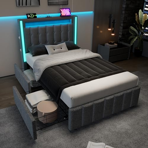 Fppuueg Cama Tapizada 90x200 con Iluminación LED y 2 Cajones, Cama Infantil con Puerto USB y Tipo C, Camas Juveniles con Láminas de Madera, Gris, Lino, Sin Colchón