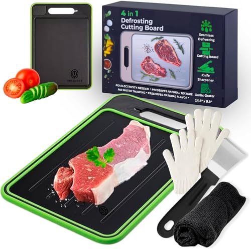 4-in-1 Defrosting Tray for Frozen Meat – Defroster & Thawing Plate Defrosting Tray with Built-in Knife Refiner, Garlic Grater & Cutting Board – Non-Slip & Dishwasher-Safe (Black)