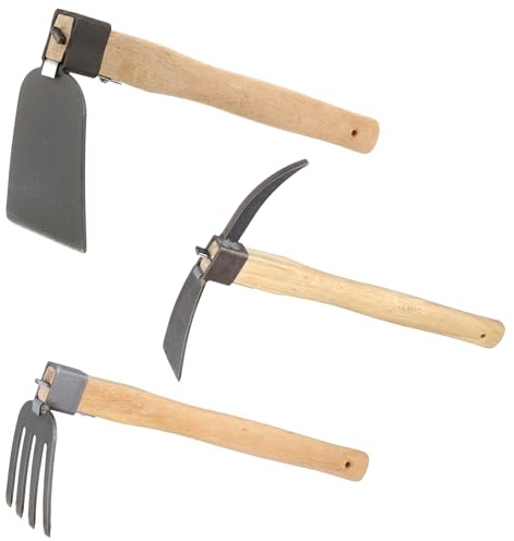 MAKTSAM Juego de 3 herramientas de jardinería (1 azada + 1 rastrillo + 1 pico) con mango corto de madera, herramientas de excavación para desmalezar, aflojar el suelo, plantar plántulas, cultivo de