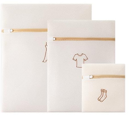 3 Pezzi Sacchetti Rete per Lavatrice con Cerniera Zip, Sacchetti Bucato in 3 Misure Borsa Lavaggio Proteggi Delicati, Retina Bucato Ricamato Giallo Antideformazione