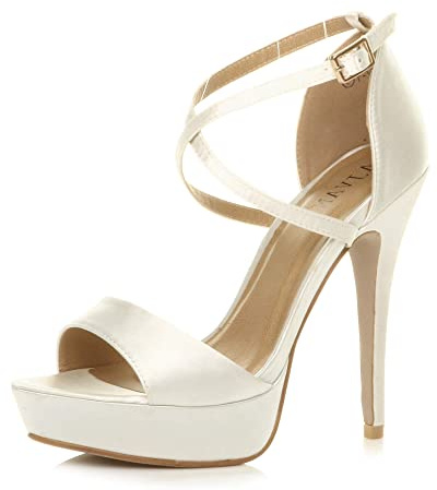 Ajvani Womens Ladies Platform high Heel Peeptoe Cross Over Strappy Shoes, 4 UK, Ivory Satin