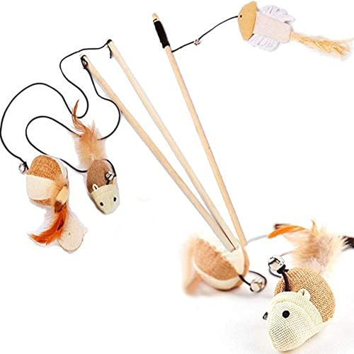 Carykon Natural Sisal Wand Teasers and Exerciser for Cat Kitten with Mouse/Pumpkin/Fish Toy, Bell, Feather, Elastic String and Sturdy Wood Rod, Set of 3
