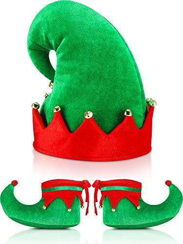 SATINIOR Christmas Santa Elf Shoes and Hat Christmas Red Green Costume Accessory Set (28 cm/ 11 Inch)