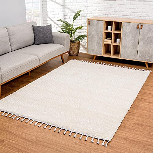 carpet city Hochflor Teppich Wohnzimmer - Einfarbig Creme - 300x400 cm - Shaggyteppich Langflor - Kettfäden - Schlafzimmerteppich Flauschig Weich - Moderne Wohnzimmerteppiche