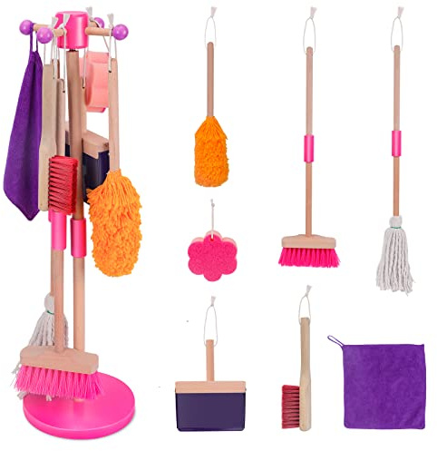MASTERTOP Kids Cleaning Set 8 Piece, Detachable Toys for Toddlers, Broom Dustpan Mop Brush Duster Rag Sponge and Hanging Stand, Pretend Play Household Tools Gifts for Age 3-8