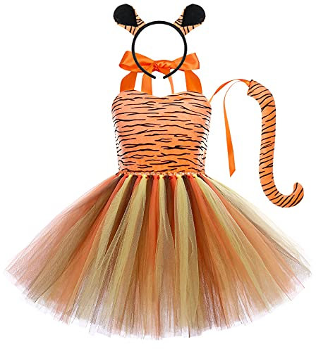 IWEMEK Kinder Baby Mädchen Milchkuh Tiger Leopard Tier Kostüm Karneval Halloween Ärmellos Tutu Prinzessinkleid + Ohr Stirnband + Schwanz Fotoshooting Outfits Bekleidungset Orange Tiger 7-8 Jahre