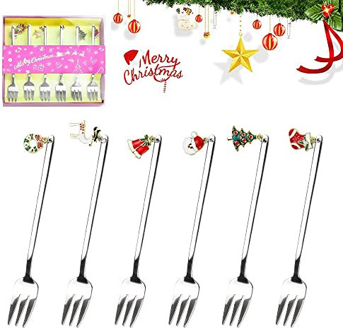 REFORUNG 6 Pz Forchettine da Dolce di Natale Forchetta da Torta per Dessert Forchette da Dessert in Acciaio Inox per Natale Dessert,Cibo,Compleanno (Argento)