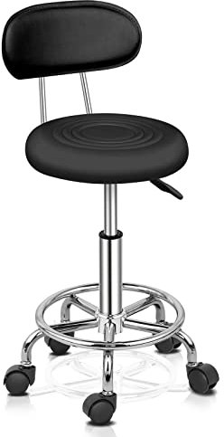 Bonnlo Professioneller Rollhocker mit Rückenlehne, Bürohocker 360° drehbar und höhenverstellbar 48-58 cm, PU-Beschichtung, für Massagesalon, Maniküre und Büro, Schwarz