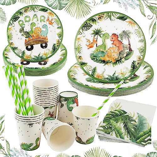 TUZHE Dino Geburtstag Deko Partygeschirr Set Dinosaurier Geburtstag Party Set für 24 Gäste Einweggeschirr Pappteller Tassen Servietten Strohhalme für Party Kindergeburtstag Deko Junge Mädchen