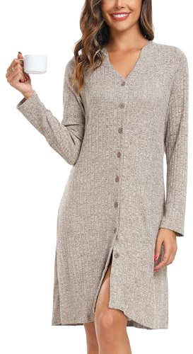 Vlazom Camisón Mujer Vestido de Manga Larga de Punto para Dormir con Botón(M,Marrón)