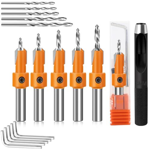 Senkbohrer für Holz 11 tlg. 8mm Holzbohrer mit Senker, Bohrer mit Senker Holz, Bohrsenker mit Tiefenanschlag Sechskantschlüssel, Kegelsenker, Countersink Drill Bit für Holzverarbeitung