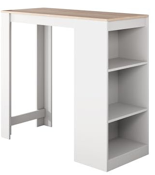 MB Muebles Bonitos, Mesa Alta Bar Kyra, Barra Cocina de Estilo Moderno con 3 Estantes, Melamina Mate, Blanco y Sonoma, 110x103x50 cm