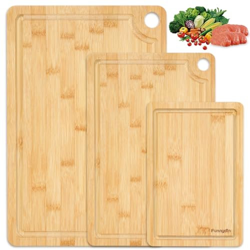 Funnydin Premium Holzschnitzbrett – 3-teiliges extra dickes Bambusschnitzbrett-Set – 38x25cm / 30x20cm / 23x15cm – Ideal zum Schneiden von Fleisch, Gemüse, als Servierplatte, spülmaschinenfest