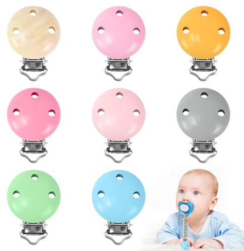 CONJURAIDE 8 Stück Schnullerclip, Schnullerkette Schnullerketten Clips Zubehör Schnullerclip Holz Schnullerkette Selber Machen Set Schnullerkette Makramee Bastelset für DIY Schnullerkette