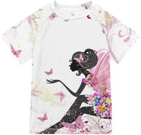 Kinder Schwimmshirt Blumen-Fee-Schmetterling Kurzarm Badeshirt UPF 50+ Badeanzug für Jungen Mädchen Schwimmen Top UV Shirts
