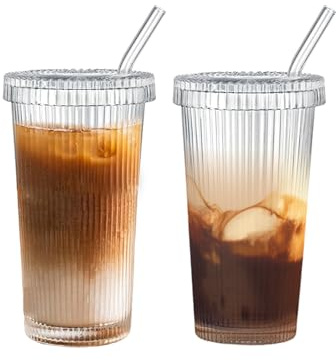 MYKAGS Lot De 2 Gobelet Avec Paille Et Couvercle Gobelet Smoothie,Cocktails, Café,Verre Matcha,Tasse En Verre Rayé Vintage Lave Vaisselle Sécurité 375 ml