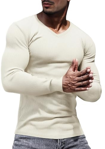 Lehmanlin Mens Slim Fit V Neck Long Sleeve Muscle T-Shirt Stretch Ribbing Undershirts Pullover Top Thermal Underwear (Khaki/L)