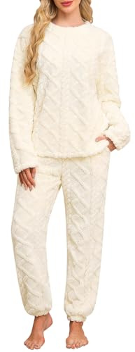 Niwicee Pyjama Femme Hiver Polaire Ensemble de Pyjama Chaud Doux Vêtements de Nuit Femme Pyjama 2 Pièces Manches Longues de Hauts Pantalon avec 2 Poches
