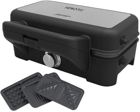 Henotix Waffle Maker 3 in 1 with Removable Plates, Sandwich & Toastie Maker with 5 Adjustable Temperature Control, 1200W Fast Cooking for Grill, Safe Knob, Non Stick Coating, Cool Touch Handle
