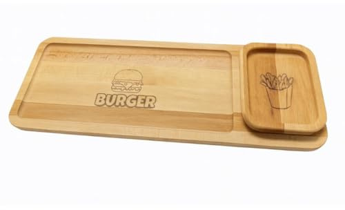 Mottiwood Vassoio per Hamburger con Ciotola Estraibile per Fritti, Piatto hamburger, Ciotola per Patatine Fritte,100% Legno di Faggio, 49x20 cm, Made in Italy