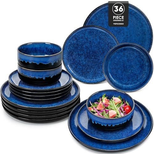 vancasso Starry Stoneware Dinnerware Set for 12, 36 Piece Blue | Reactive Glaze, 12 Dinner Plates, 12 Dessert Plates & 12 Cereal Bowls, For Large Families, Dishwasher & Microwave Safe