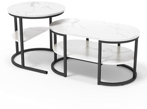 WSOFZMO Couchtisch Rund 2er Set, Stapelbar Beistelltisch Gold Tischbeine aus Metall, Couchtisch Marmor Platte, Set mit 2 Couchtischen, Moderne Wohnzimmertisch Beistelltisch mit Stauraum