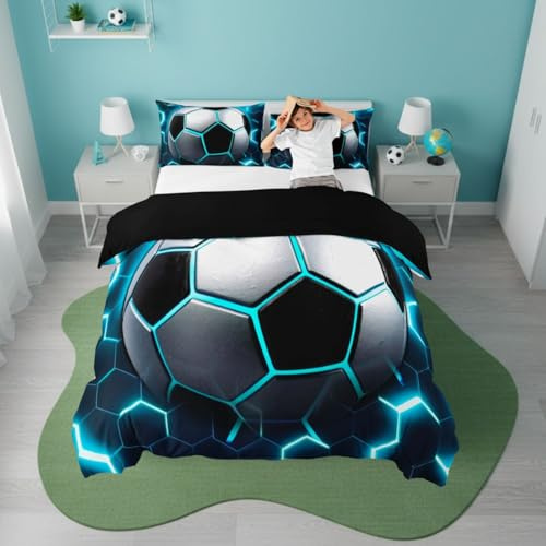 Homewish Football Duvet Cover Single, Honeycomb Bedding 1 Pillowcase | Vibrant Soccer Print Neon Geometric Quilt Cover 2 Piece, Bed Sets for Boys Kids, Black Reversible