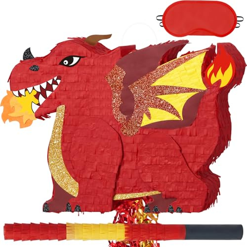 WERNNSAI Red Fire Dragon Pinata Medieval Knight Dragon Party Decorations | Red Dragon Pinata Fantasy Medieval Birthday Supplies with Stick and Blindfold