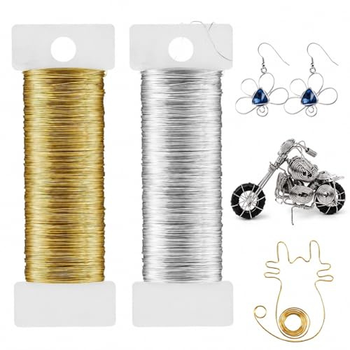 2 Rolls Gold and Silver Jewelry Wire for Jewelry Making, 0.3 mm Bendable Metal Craft Wire, Durable and Easy to Shape Craft Wire for Beading, Wrapping, Earrings and DIY Crafts (50m / 164 Ft Per Roll)