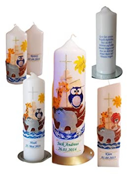 Taufkerze/Kommunionkerze,Konfirmationskerze PatenkerzeArche Noah-in gold,silber inkl.Name,Datum Junge Mädchen B076X53FCH