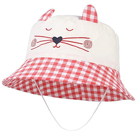 GEMVIE Sombrero Bebe Niña Sol Verano Playa Algódon Gato Bordado Gorro Sueva Transpirable Ancha Gorra Primavera Aire Libre (Rojo Oreja Gato, 6-12 Meses)
