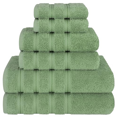 American Soft Linen 100% Carde Cotton 6 Piece Towel Set, 590 GSM Heavy Weight Soft Absorbent Turkish Towels for Bathroom, Sage