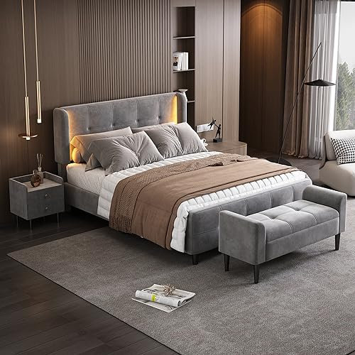 Komplettschlafzimmer Set, Modernes Design Polsterbett + 1x Nachttisch+ Betthocker, Doppelbett mit 16-farbigen Lichtleisten an den Seitenohren, Nachttisch mit 2 Schubladen, Samt, Grau (140x200 cm)