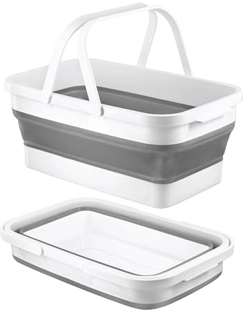 HOMESHOPA Collapsible Rectangular Carry Basket, Foldable Plastic Shopping Basket with Carry Handle, Portable Space Saving Storage Container, Ideal for Storage Laundry Camping Outdoor Activities, Grey