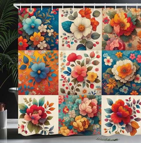 Ambesonne Floral Shower Curtain, Multicolor Ethnic Flowers in Squares with Patchwork Inspirations, Cloth Fabric Bathroom Decor Set with Hooks, 69 W x 70 L, Orange and Dark Turquoise